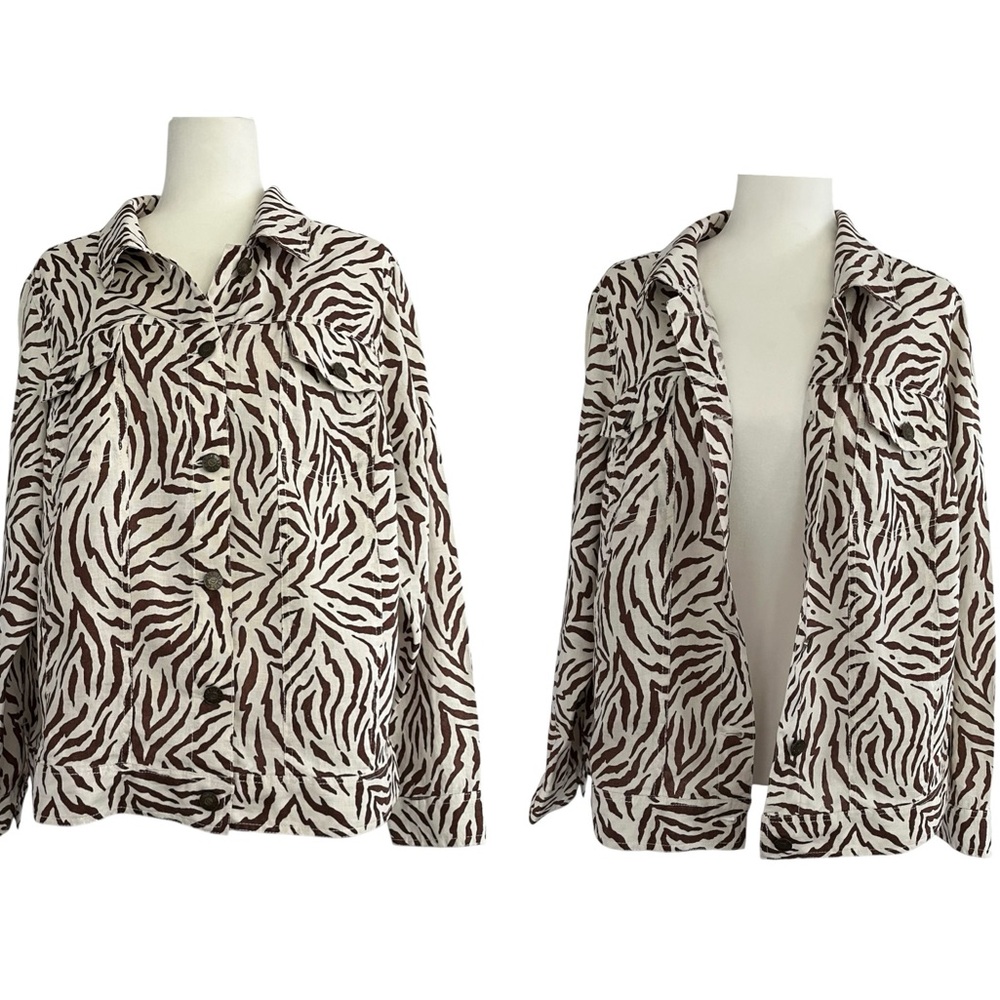 Carole Little Animal Print off white brown‎ 100% Linen Button Light Jacket 2X